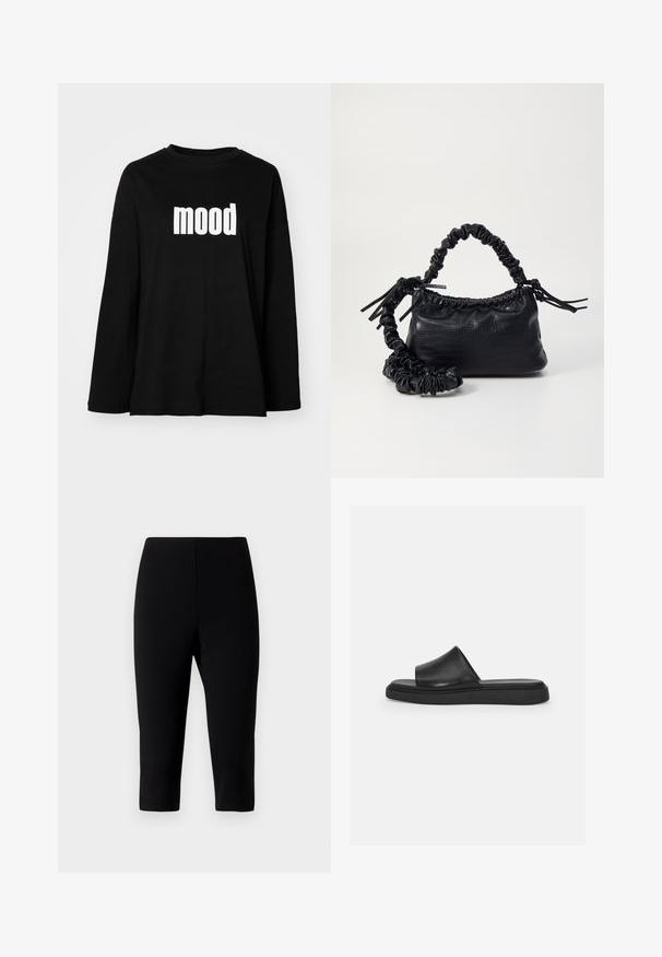 Čierne tričko s dlhým rukávom vyrobené z bavlny, s okrúhlym výstrihom a veľkým bielym grafickým motívom "mood" na prednej strane. Voľný strih.; Čierne capri nohavice z elastického materiálu s priliehavým strihom, ktoré končia tesne pod kolenami, majú hladký povrch a žiadne viditeľné švy.; Čierne šlapky s hladkým koženým zvrškom, širokým pásom a plochou gumovou podrážkou, ktoré sa vyznačujú minimalistickým dizajnom a bez viditeľného kovania.; Čierna umelá kožená kabelka s kroko vzorom, sťahovaným vrchom a zhnutým popruhom. Vyzerá mäkko a kompaktné v dizajne.