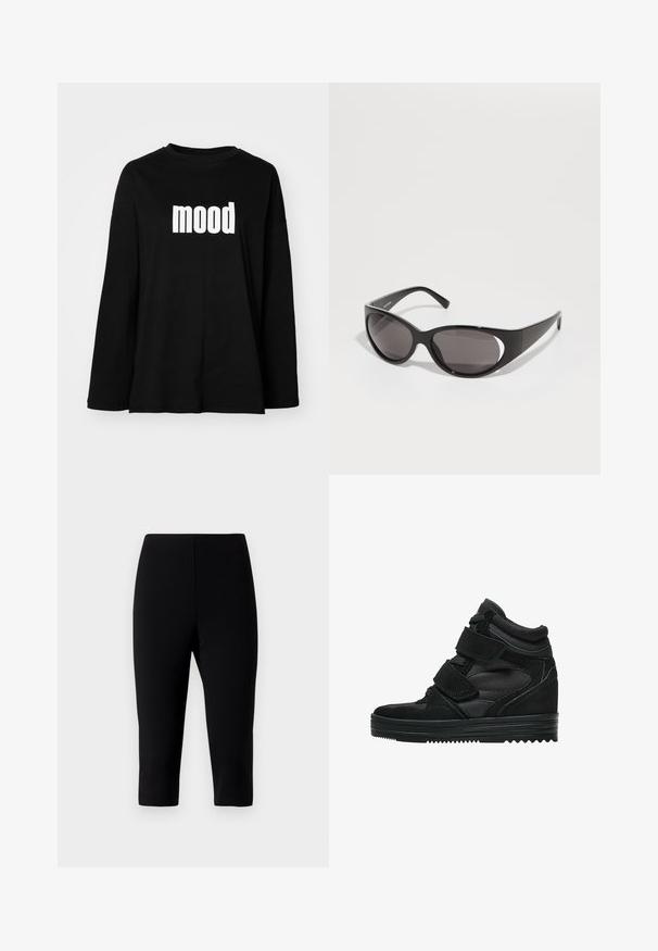 Zwarte longsleeve t-shirt van katoen met een ronde halslijn en een grote witte "mood" afbeelding aan de voorkant. Ontspannen pasvorm.; Zwarte capri broek gemaakt van rekbaar materiaal, met een getailleerd ontwerp dat net onder de knie eindigt, met een gladde textuur en geen zichtbare naden.; Zwarte hoge sneakers van suede en gaas, met klittenbandsluitingen, een gladde afwerking en een gestructureerde rubberen zool voor grip.; Zwarte zonnebril met ovale lenzen en een slank ontwerp. Het montuur is glanzend en breed, met een uitsnijding aan de zijkanten.