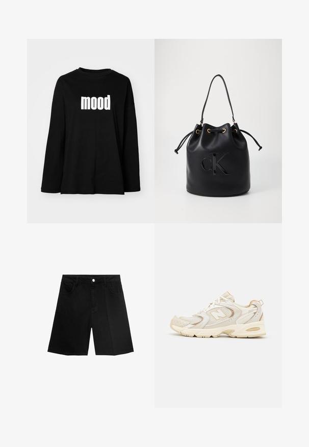 Zwarte longsleeve t-shirt van katoen met een ronde halslijn en een grote witte "mood" afbeelding aan de voorkant. Ontspannen pasvorm.; Zwarte denim shorts met een rechte snit, vijf zakken en een zilveren knoopsluiting. Gladde textuur met minimale stikseldetails.; Beige sport schoenen met gaas- en synthetische overlays, voorzien van een textuur, een gevoerde kraag en "ABZORB" demping bij de hiel.; Zwarte leren emmer tas met trekkoord sluiting, voorzien van een glanzend "CK" logo aan de voorkant en gouden hardware accenten.