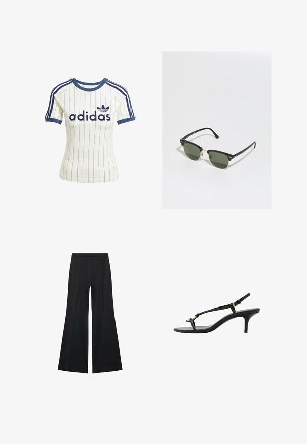 Adidas white striped t-shirt with navy blue accents, featuring a round neck, short raglan sleeves, and bold "adidas" logo on the front.; Black wide-leg pants with a smooth texture, featuring front pleats and a tailored design. The fabric is lightweight and flowy.; Black leather kitten heel sandal with thin straps, gold buckle, and minimalist toe loop on a white background.; Black and gold sunglasses with green lenses, featuring a cat-eye shape, metallic accents, and a textured frame.