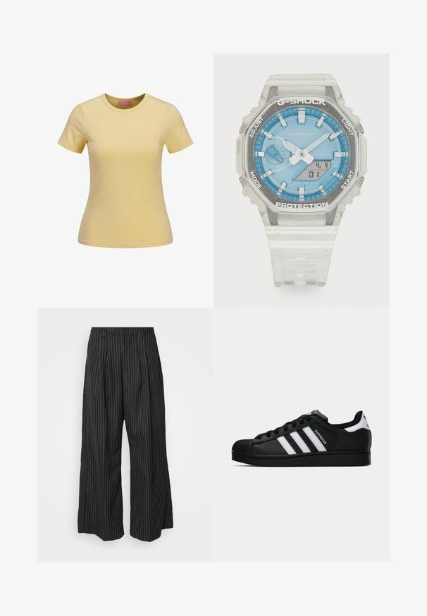 Žluté tričko s krátkým rukávem vyrobené z hladké bavlny, s kulatým výstřihem a úzkým střihem. Štítek viditelný uvnitř límce.; Černé široké kalhoty s pruhy a sklady, s propracovaným střihem a jemnou texturou. Žádné viditelné kovové díly ani akcenty.; Černé tenisky Adidas Superstar se bílými pruhy, špičkou ve tvaru skořápky a textem "Superstar" na boku, zobrazené v bočním profilu na bílém pozadí.; Hodinky G-Shock s průhledným pryskyřicovým pouzdrem, modrým ciferníkem, kovovými akcenty, digitálním displejem a texturovaným silikonovým páskem. Voděodolné do 20 barů.