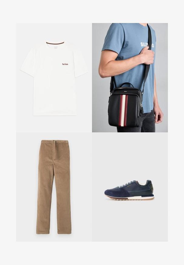 T-shirt bianco in cotone con maniche corte. Presenta un piccolo logo ricamato multicolore sul lato sinistro del petto e un bordo a strisce sul collo.; Pantaloni in velluto a coste marroni con vita elasticizzata e coulisse frontale, vestibilità dritta, esposti su sfondo bianco.; Sneaker in suede e pelle blu navy con lacci bianchi, suola testurizzata e un dettaglio marrone sul retro con logo.; Borsa a tracolla in pelle nera con strisce verticali rosse, bianche e beige. Presenta una maniglia superiore e una tracolla regolabile. Chiusura con zip visibile.