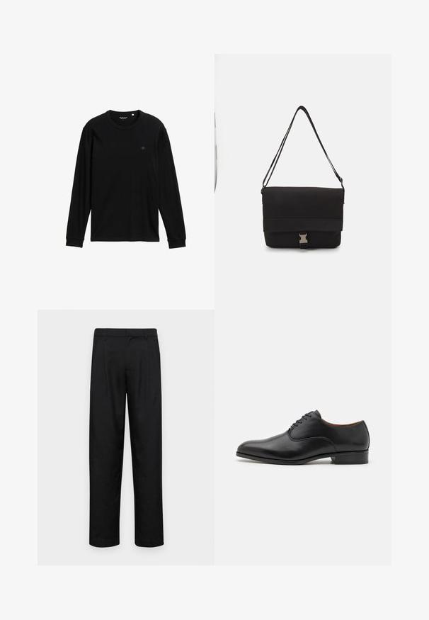 Juodas ilgomis rankovėmis marškinėliai, pagaminti iš minkštos medžiagos; turi apvalų iškirpimą, raukšlėtus mansetus ir nedidelį logotipą krūtinėje detalėms.; Juodi kelnių modeliai, pagaminti iš lygios medžiagos, turi tiesią kojas, du priekiniai klostės ir standartinę juosmenį su diržo kilpomis.; Juodai odiniai suknelės batai su lygiu paviršiumi, smailiu pirštu ir šešių akių raištelių dizainu, turintys žemą kulną ir subtilių siuvinėjimų akcentus.; Juodas pranešėjo krepšys, pagamintas iš lygaus medžiagos, su užkloto dangčiu, sidabrine užsegimo aparatūra ir reguliuojama petneša.