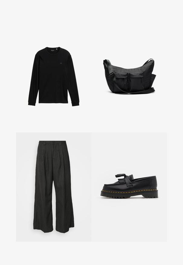 Czarny t-shirt z długim rękawem wykonany z miękkiego materiału; posiada okrągły dekolt, ściągacze na rękawach oraz małe logo na klatce piersiowej dla ozdoby.; Czarne spodnie w szerokie nogawki w paski, z zakładkami, charakteryzujące się dopasowanym krojem i miękką teksturą. Brak widocznych metalowych elementów lub akcentów.; Czarny skórzany mokasyn z frędzelkowymi akcentami, z masywną czarną podeszwą i żółtym przeszyciem wzdłuż krawędzi. Teksturowane wykończenie.; Czarna torba na ramię o zakrzywionym kształcie, z dwiema przednimi kieszeniami na zamek i szerokim regulowanym paskiem. Prosty i funkcjonalny design.