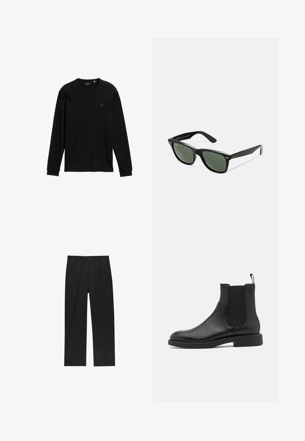 Black long-sleeve t-shirt made of soft fabric; features a round neck, ribbed cuffs, and a small logo on the chest for detail.; Black pants with a straight-leg design, made from a smooth fabric. Features front pleats and a single button closure at the waist.; Black leather ankle boot with smooth texture, elastic side panels, and a pull tab. Round toe and flat rubber sole with minimal tread.; Black plastic sunglasses with green lenses, square frames, silver accent on the brow, and textured temple arms. Stated brand on inner arm.