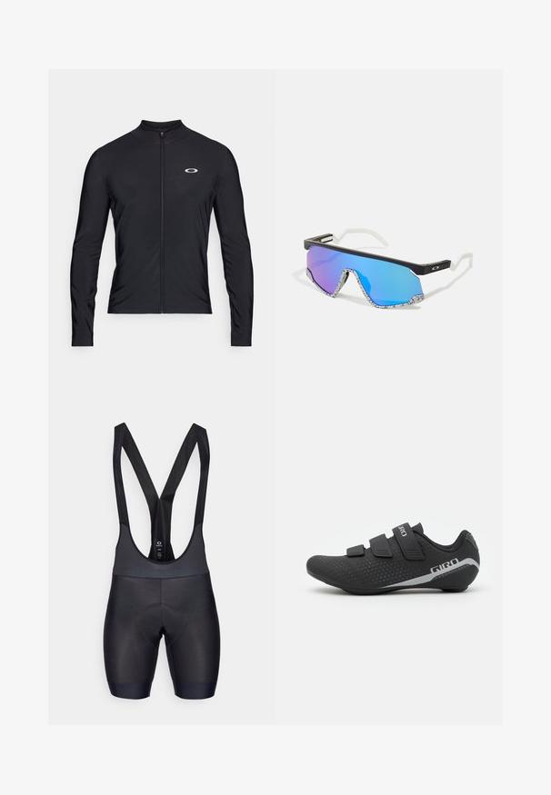 Chemise noire à manches longues avec zip, en tissu léger ; elle possède un col rond et un petit logo imprimé sur le côté supérieur gauche.; Shorts de cyclisme noirs en bretelles avec un tissu texturé, chamois rembourré pour le confort et bretelles réglables. Finition lisse et design ajusté.; Giro STYLUS - Chaussures de cyclisme - black; Lunettes de sport avec une monture noire, des accents blancs et des verres miroitants dégradés bleus. Branches texturées avec un motif blanc et noir.