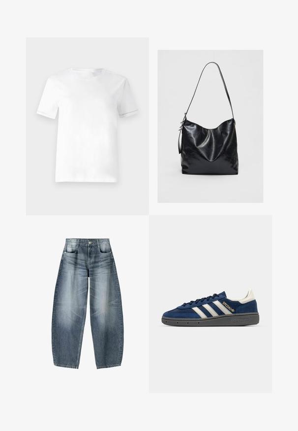 Valkoinen puuvillapaita, jossa on lyhyet hihat ja pyöreä kaula-aukko. Ominaisuuksina yksinkertainen muotoilu, sileä pinta ja ilman näkyviä kuvioita tai yksityiskohtia.; Laivahousut, jotka on valmistettu vaaleansinisestä denimmateriaalista, jossa on haalistumista. Niissä on viisi taskua, nappisuljenta ja vain vähäisiä ompelutietoja.; Laivastonsininen samettinen lenkkari valkoisilla raidoilla, kultaisella "Spezial" yksityiskohdalla, harmaalla tekstuurilla varustettu pohja, pyöristetty kärki ja vastaavat nauhat. Klassinen muotoilu.; Mustassa nahkakäsilaukussa on pehmeä, tekstuuroitu pinta. Sen muotoilu on kaartuva ja siinä on yksi säädettävä olkahihna. Ei ylimääräisiä kiinnikkeitä.