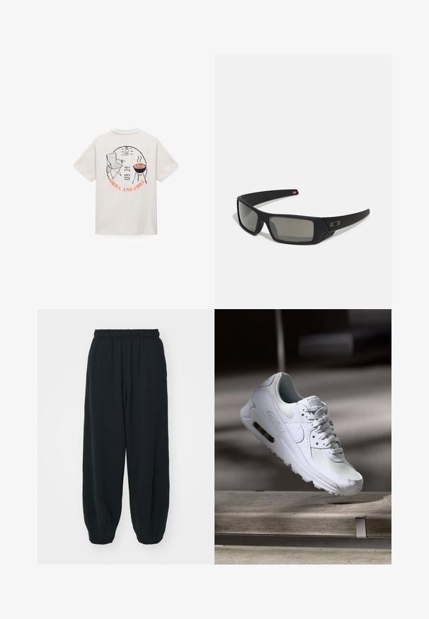 Hvid T-shirt med rygtryk, der viser en klapstol, grill med pølser, lanterne og teksten "425°F grilling, 600°F bagning af pizzaer, GRILL OG CHILL."; Sorte svedbukser med elastisk talje, løs pasform, afsluttede ankler, glat tekstur og uden synlige mønstre eller hardware-detaljer.; Hvide Nike Air Max 90 sneakers med en overdel i mesh og læder, perforeret tåboks og en synlig luftenhed i hælen.; Sorte solbriller med mat finish, rektangulære linser, let kurve ved templerne, diskret logo detaljer og røgfarvede linser.