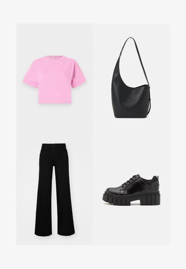 Kurzes, pinkes, cropped T-Shirt aus glattem Baumwollmaterial mit rundem Ausschnitt und kurzen Ärmeln. Einfaches Design, ohne Muster oder Akzente.; Schwarze weit geschnittene Hose aus Denim, mit einem strukturierten Bund, Gürtelschlaufen und Fronttaschen. Glatte Textur mit klassischem Design.; Schwarze Lederplateauschuhe mit klobigem Blockabsatz, runder Zehenpartie und traditionellem Schnürdesign. Verfügt über eine glatte Textur und minimale Details.; Schwarze Leder-Hobo-Tasche mit einer glatten Textur, geschwungener Form und einem einzelnen verstellbaren Tragegurt; verfügt über eine weite Öffnung am oberen Ende.