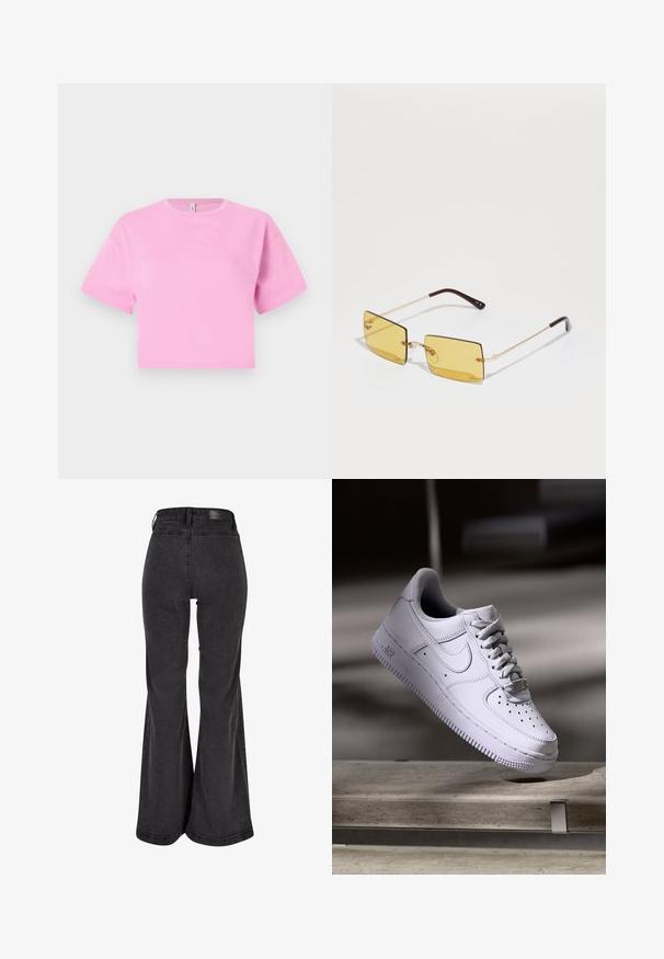 Kurzes, pinkes, cropped T-Shirt aus glattem Baumwollmaterial mit rundem Ausschnitt und kurzen Ärmeln. Einfaches Design, ohne Muster oder Akzente.; Schwarze weit geschnittene Jeans mit glatter Textur, hoher Taille und einem Markenpatch auf der Rückseite. Besitzt ein weites Bein-Design und verstärkte Nähte.; Weißer Nike Air Force 1 Sneaker schwebt über einer Betonoberfläche mit Schatten in einem minimalistischen Umfeld.; Quadratische Sonnenbrillen mit gelben Gläsern, goldfarbenem Metallrahmen und braunen Akzenten an den Bügeln. Minimalistisches Design mit klaren Nasenpads.; Rosa Leder-Umhängetasche mit runder Form, goldfarbenem Reißverschluss und verstellbarem Tragegurt. Mit eingeprägtem Logo auf der Vorderseite.