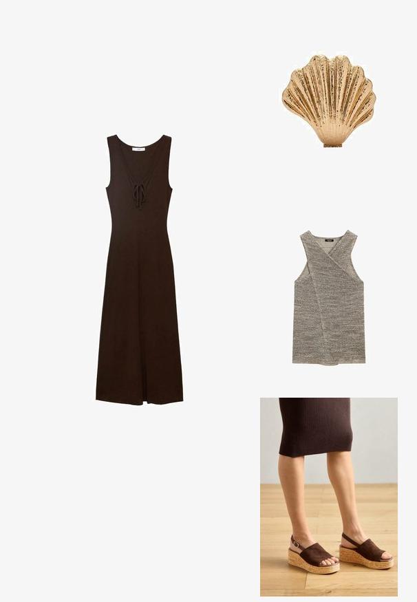 Szary bezrękawnik z krzyżowym dekoltem, wykonany z teksturowanej dzianiny. Charakteryzuje się dekoltem w kształcie litery V oraz szerokimi otworami na ramiona.; Brązowa sukienka bez rękawów z dekoltem w kształcie V, z wiązaniem z przodu i płynącą sylwetką, wykonana z gładkiego materiału.; Brązowe zamszowe sandały na koturnie z korkową platformą i otwartym palcem. Posiadają pasek na pięcie z złotą klamrą. Podłoga jest drewniana.; Złocona dekoracyjna ozdoba w kształcie muszli, posiadająca teksturowaną powierzchnię i żłobiony wzór, z płaską podstawą zapewniającą stabilność.