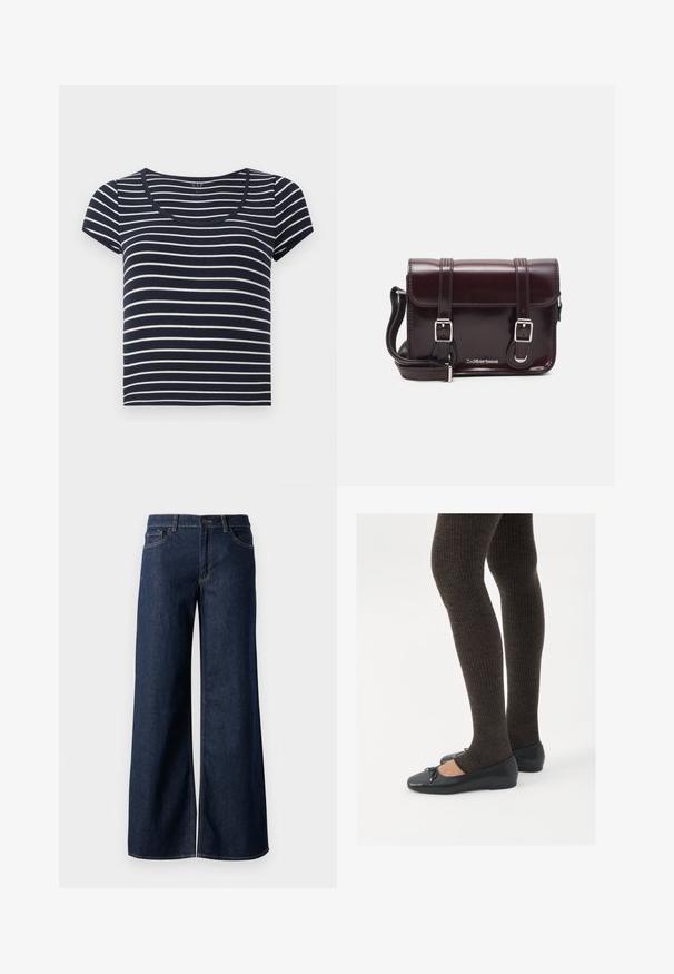 Niebiesko-biała, w paski, krótko rękawowa koszulka z dekoltem w serek. Wykonana z miękkiego materiału, z równymi poziomymi paskami o różnych szerokościach.; Jeansy z szerokimi nogawkami w ciemnoniebieskim denienie. Posiadają kontrastowe przeszycia, pięć kieszeni oraz zapięcie na guzik w talii. Gładka faktura.; Czarne płaskie buty z małym kokardkowym detalem na palcach, zestawione z ciemnobrązowymi rajstopami w prążki. Buty mają gładką teksturę i niski profil.; Bordowa torebka typu crossbody z lakierowanej skóry, w kształcie prostokąta, z dwiema rączkami, srebrnymi akcentami i zapięciem na klapkę.