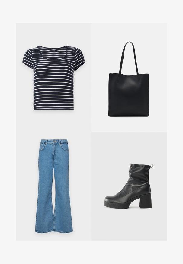 Navy och vit randig kortärmad T-shirt med rundhals. Tillverkad av mjukt tyg, med jämna horisontella ränder i varierande bredd.; Ljust blå vida jeans i denim, med hög midja, fem fickor och en enda knappstängning. Mjuk textur med blekt finish.; Svarta ankelstövlar i slitstark läder, med sidodragkedja, kraftig strukturerad klack och rundad tådesign.; Svart lädertoffelväska med slät textur, rektangulär form och två långa handtag. Ingen synlig hårdvara eller dekorationer.