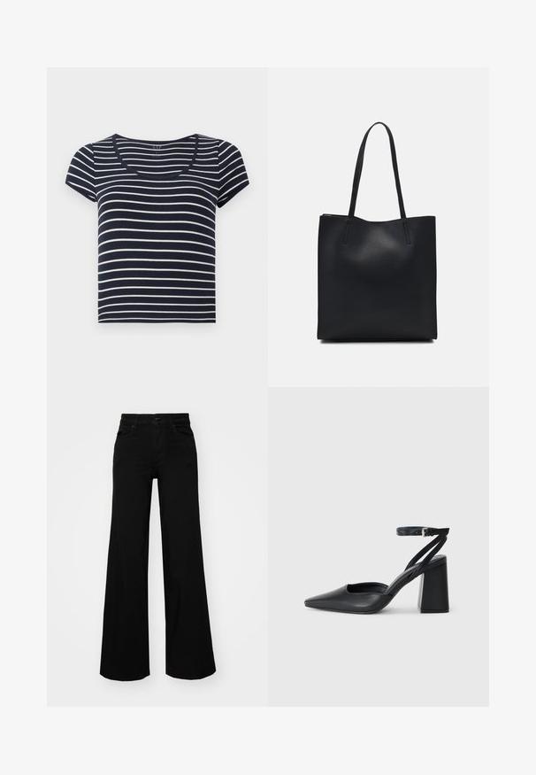 Tumes ja valges triibuline lühikeste varrukatega T-särk ümmarguse kaelusega. Valmistatud pehmest kangast, millel on ühtlased horisontaalsed triibud erinevates laiuses.; Mustad mustad püksid, mis on valmistatud denimist, struktuurse vöökohtade, vöökootidega ja esikottidega. Sile tekstuur klassikalise disainiga.; Mustmustest must-käigukingad, millel on konksuga nöör ja paks konts. Ühtlane tekstuur, stiilne disain ja minimalistlik esteetika.; Mustast nahast kott sujuva tekstuuriga, ristkülikukujuline ja kahe pika sangaga. Pole nähtavat riistvara ega kaunistusi.