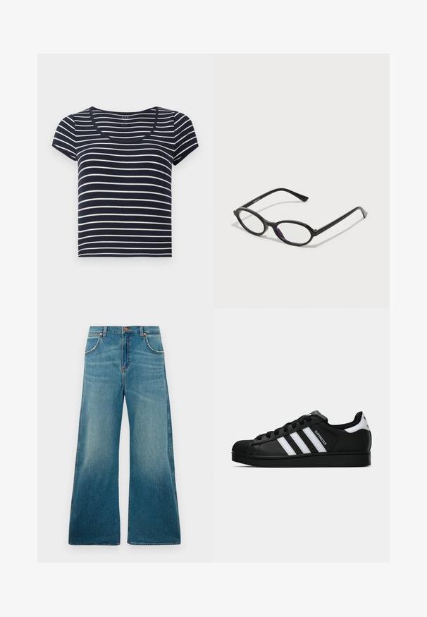 Tricou cu mânecă scurtă în dungi navy și alb, cu decolteu în formă de cerc. Fabricat dintr-un material moale, având dungi orizontale uniforme de diferite lățimi.; Blugi cu talie înaltă, de culoare albastră, cu picioare largi, buzunare frontale, închidere cu buton și un gradient de culoare estompat de la talie până la tiv.; Tenisii Adidas Superstar negri cu dungi albe, vârf din plastic, și textul "Superstar" pe lateral, prezentati în profil lateral pe fundal alb.; Ochelari cu ramă ovală neagră, cu accente translucide de violet pe lentile. Ramele au un finisaj mat și clești subțiri, drepți.