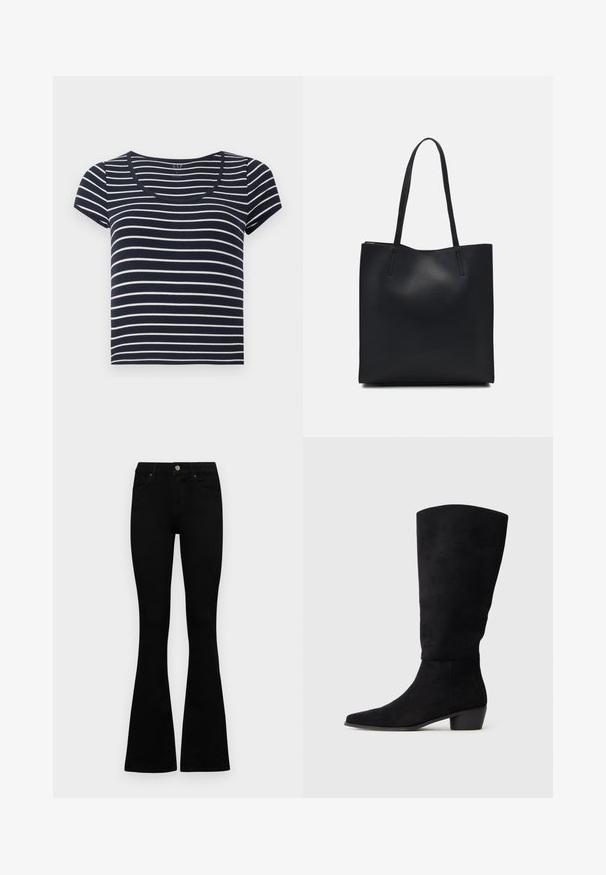 T-shirt à manches courtes rayé bleu marine et blanc avec un décolleté en scoop. Fabriqué en tissu doux, avec des rayures horizontales uniformes de largeurs variées.; Jean noir taille haute avec fermeture à bouton et à zip, poches avant et jambes évasées, posés à plat sur un fond blanc.; Botte noire en daim hauteur genou avec un petit talon bloc et un bout pointu, présentée de profil sur un fond gris clair uni.; Sac fourre-tout en cuir noir avec une texture lisse, de forme rectangulaire et deux longues poignées. Pas de matériel ou d'ornementations visibles.