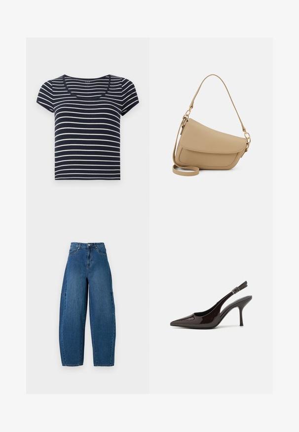 Mornarsko modra in bela črtasta majica s kratkimi rokavi in krožnim izrezom. Narejena je iz mehkega bombaža in ima enakomerne vodoravne črte različne širine.; Jeans iz denima v srednjem modrem pranju, z visokim pasom, širokim krojem nogavic in standardnim pet-imenskim dizajnom s vidnimi šivi.; Slingback visoke pete v sijajni temno rjavi lak koži, koničastim nosom, odprtimi stranmi in nastavljivim gležnjenčkim trakom.; Even&Odd Torbica - beige