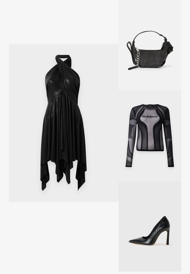 Čierny top s dlhým rukávom vyrobený z priesvitného sieťovaného materiálu s geometrickým vzorom a čiernymi pruhmi a logom "MISBHV" na hrudi.; Čierne halter šaty s drapériou. Vyrobené z lesklého materiálu, s prekrúteným výstrihom a asymetrickým lemom. Hladká textúra.; Čierna lodička s špicatou špičkou a lakovanou textúrou krokodíla, s elegantným dizajnom, vysokým stiletto podpätkom a hladkým čiernym interiérom.; Čierna kabelka so cvočkovými ozdobami, reťazovou rukoväťou a hladkým koženým držadlom, so zaobleným tvarom a zipsovým oddelením.