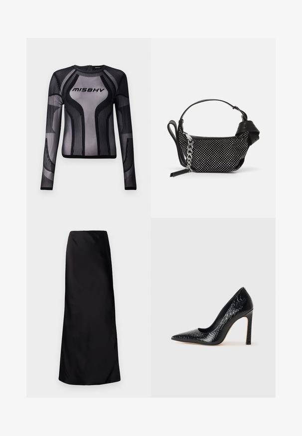 Črn dolgovečerni top iz prosojnega mrežastega materiala, ki ima geometrijski vzorec s črnimi črtami in logo "MISBHV" na prsih.; Norma Kamali BIAS OBIE SKIRT - Dolgo krilo - black; Črne čevlje z visoko peto in konico v obliki puščice, z teksturo krokodilje kože, ki se ponašajo s sleek oblikovanjem, visokim stiletto peto in gladkim črnim notranjostjo.; Črna torbica z okrasnimi žebljički, verižnim trakom in gladkim usnjenim ročajem, zaokrožene oblike z zaklepanjem na zadrgo.