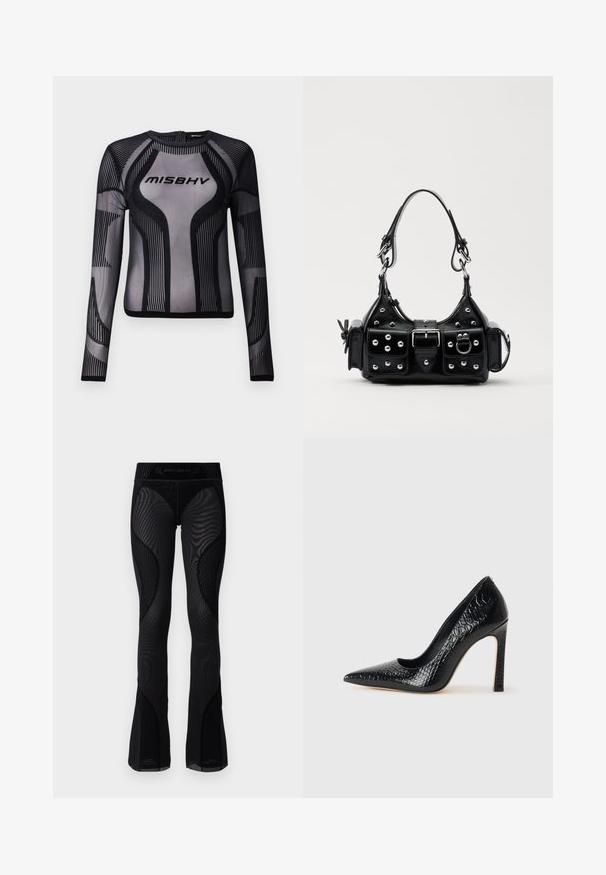 Fekete, hosszú ujjú felső áttetsző hálós anyagból, geometrikus mintával, fekete csíkokkal és a "MISBHV" logóval a mellkasán.; Fekete hálós, bővülő leggings texturált részletekkel és mintázott betéttel. Magas derék kialakítású, a tetején a márka logójával.; Fekete hegyes orrú magassarkú cipő krokodilbőr textúrával, letisztult dizájnnal, magas tűsarkú és sima fekete belső résszel.; Fekete bőr kézitáska ívelt designnal, ezüst szegecsekkel, csattal és két oldalsó zsebbel. Állítható vállpánt a hordozási lehetőségekhez.