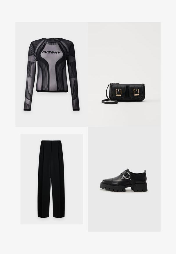 Svart langermet topp i gjennomsiktig mesh-materiale med geometrisk design, svarte striper og logoen "MISBHV" på brystet.; Svart vide bukser med høy livhøyde, med folder og en glatt tekstur. Stoffet virker lett og faller elegant.; Sorte læringssko med en kraftig ribbet såle, som har en sirkulær sølvfarget detalj og minimal sømdekorasjon.; Svart skinn crossbody veske med to frontlommer, gyldne spenner, glidelåslukking og en slank stropp. Teksturert overflate og kompakt rektangulær form.