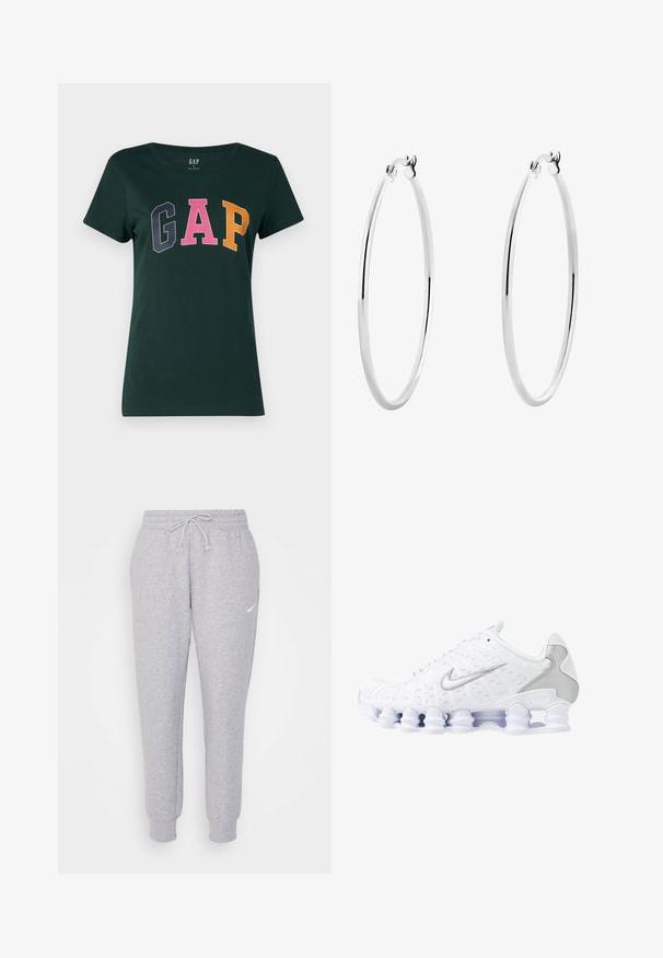 Temno zelena bombažna majica s klasičnim ovratnikom, ki vsebuje besedo "GAP" v velikih večbarvnih črkah: mornarsko modra, roza in oranžna.; Svetlo sivi trenirka s vrvico za nastavitev v pasu, zožanimi hlačnicami in majhnim belim logotipom na levi stegn. Narejena iz mehkega, teksturiranega materiala.; Beli športni čevlji z mrežasto zgornjico, srebrnimi detajli in edinstvenim dizajnom podplata s tuljavami. Imajo obloženo ovratnik in zapiranje na vezalke za boljše prileganje.; Srebrni obroči za ušesa z gladko, polirano površino in tanko, okroglo obliko. Oblikovanje vključuje varen zaponko.