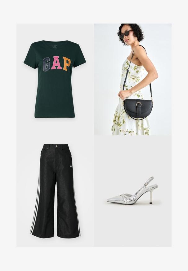 Dark green cotton t-shirt with a crew neckline, featuring the word "GAP" in large, multicolored block letters: navy blue, pink, and orange.; Black wide-leg denim pants with three white stripe accents on each side and a small white logo. Features front pockets and a button closure.; Silver slingback high heel shoe with a pointed toe, metallic finish, two decorative straps, and a slender heel with a black tip.; Black leather handbag with a curved shape, detachable strap, and gold hardware. The bag features a flap with a buckle detail.