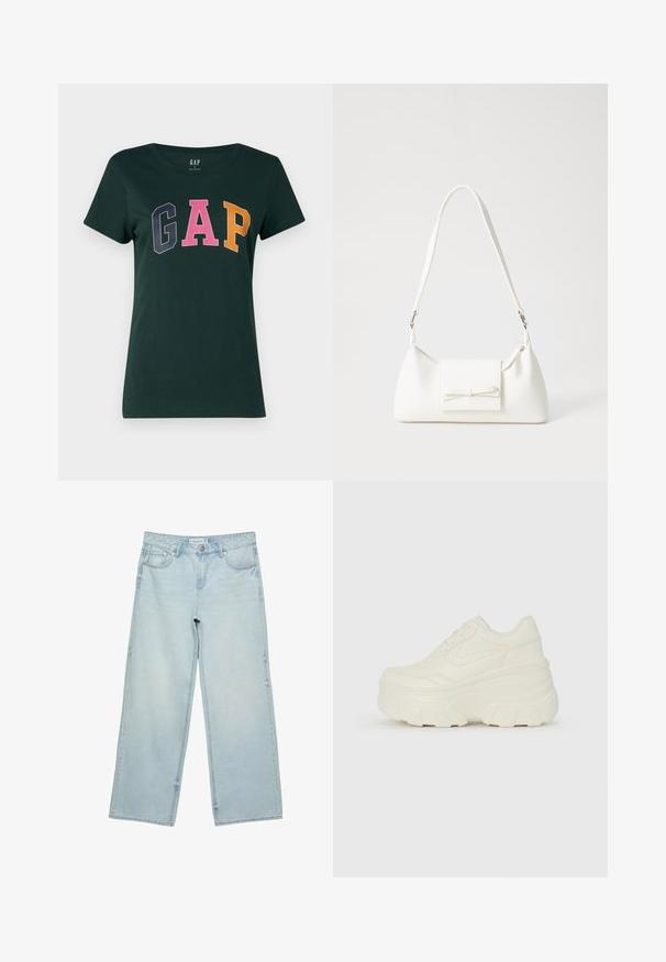 Tmavě zelené bavlněné tričko s kulatým výstřihem, na kterém je napsáno slovo "GAP" velkými, vícebarevnými blokovými písmeny: tmavě modrá, růžová a oranžová.; Světlé modré široké džínové kalhoty s vysokým pasem, pěti kapsami a jemným vyblednutím. Rovný střih s lemem.; Bílé platformové tenisky s hladkým svrškem podobným kůži, zaobleným tvarem, polstrovaným límcem a texturovanou gumovou podrážkou s vyznačenými vzory.; Bílá syntetická kabelka v trojúhelníkovém tvaru, s plochým předním klopným víkem a detailem mašle, nastavitelným popruhem, hladkým povrchem a minimalistickým designem.