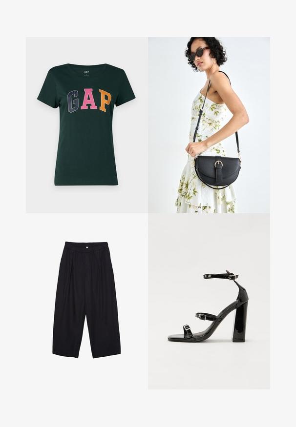 Tmavě zelené bavlněné tričko s kulatým výstřihem, na kterém je napsáno slovo "GAP" velkými, vícebarevnými blokovými písmeny: tmavě modrá, růžová a oranžová.; Černé polyesterové culotte kalhoty s elastickým pasem, dvěma předními sklady a volným siluetou. Žádné viditelné vzory ani kovové detaily.; Černé lakované sandály na podpatku se čtveratou špičkou, lýtkovými pásky a stříbrnými přezkami. Disponují masivním blokovým podpatkem pro stabilitu.; Černá kožená kabelka s křivkovým tvarem, odnímatelným popruhem a zlatými detaily. Kabelka má klopu s přezkou.