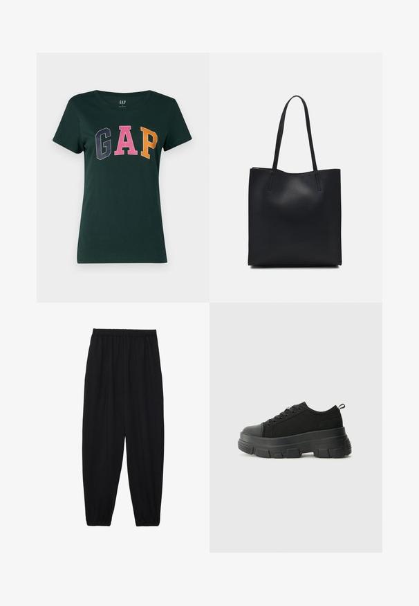 Mørkegrøn bomulds t-shirt med rund hals, der har ordet "GAP" i store, flerfarvede blokbogstaver: marineblå, pink og orange.; Sort, lette bukser med elastisk talje og sammenfoldede ankler. Stoffet er glat og har et afslappet, indsnævret design.; Sorte sneakers med en kraftig gummisål, tekstureret stofoverdel, rund tå og snørredesign. Har forstærkede snørrehuller og en trækkrog bagpå.; Sort læder tote taske med glat tekstur, rektangulær form og to lange hanke. Ingen synlig hardware eller udsmykninger.