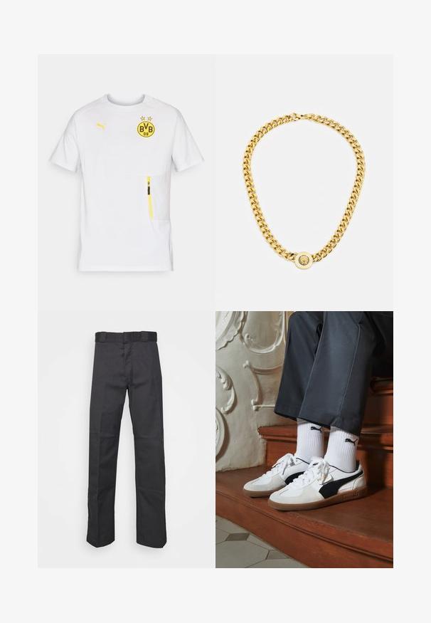 Hvid sports t-shirt med korte ærmer, prydet med et gult BVB-logo, gule accenter og en lynlåslomme på venstre side af forsiden. Letvægtsmateriale.; Sorte bukser lavet af holdbart stof, med et lige ben-design, en talje med bæltesløjfer og sømme for ekstra struktur.; Puma sneakers i hvid og sort ruskind med en brun gummisål. Bæres med hvide sokker med et sort logo og mørke bukser.; Guldkæde med store sammenflettede led, der har en cirkulær vedhængdetalje i midten med et forhøjet emblem.