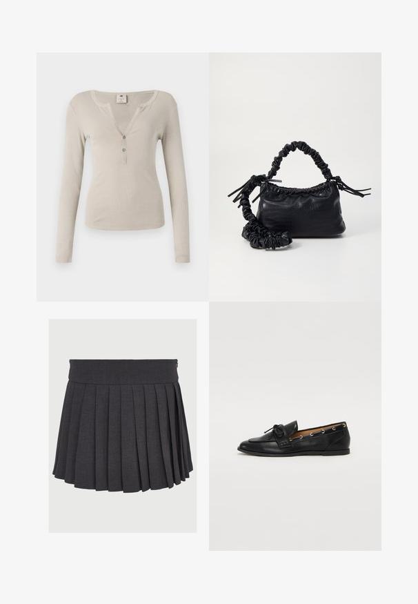 Hosszú ujjú bézs felső ribbed textúrával, V-nyakkivágással és három gombos záródással elöl. Egyszerű, testhezálló kialakítás.; Szürke, pliszírozott szoknya lapos derékkal és cipzáras záródással, texturált anyagból készült, egyenletesen elhelyezett mély pliszékkel.; Fekete bőr lófarok cipők, megkötött masnival, arany szemcsés díszítéssel az oldalán és lapos gumitalppal. Simaság, klasszikus dizájn.; Fekete műbőr kézi táska krokodil bőr textúrával, összehúzható tetejű és gyűrt pánttal. Lágy és kompakt dizájnúnak tűnik.