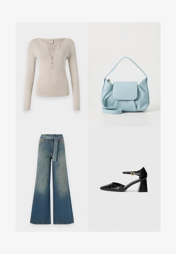 Beige Langarmoberteil mit gerippter Textur, V-Ausschnitt und drei Knöpfen vorne. Einfaches, tailliertes Design.; Weit geschnittene Denim-Hosen mit einem Farbverlauf von hellblau zu dunkelblau, hoher Taille, Gürtelschlaufen und einem passenden Stoffgürtel. Strukturierte Denim-Oberfläche.; Schwarzer Lackleder-High-Heel-Schuh mit spitzem Zehenbereich, Knöchelriemen und strukturiertem Krokodil-Muster. Design mit quadratischem Blockabsatz.; Hellblaues Lederhandtasche mit einem oberen Griff, einer vorderen Klappen-Tasche und einem abnehmbaren Handgelenkriemen auf einem weißen Hintergrund.
