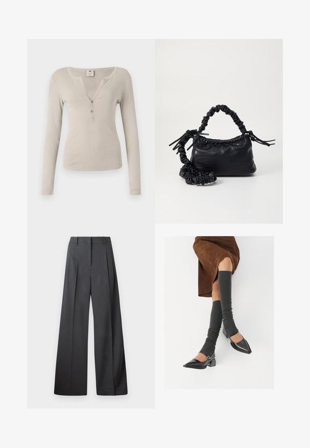 Pikkade varrukatega beež topp, millel on ribapind, V-kujuline kaelus ja kolm nuppu ees. Lihtne, keha lõikega disain.; Tumesed püksid tumesinises kangas, kõrge vöökoht, üks voldik ning sile struktuur puhaste ääristega.; Mustad patsaline odav värviga kingad, millel on kreen ja pahkluuring, on paaritatud hallide ribakudumitega sääremiidega ja pruunist nahast seelikuga.; Must must sünteetilisest nahast käekott, millel on krokodillimuster, kokku tõmmatav ülaosa ja kortsus rihm. Tundub pehme ja kompaktne disain.