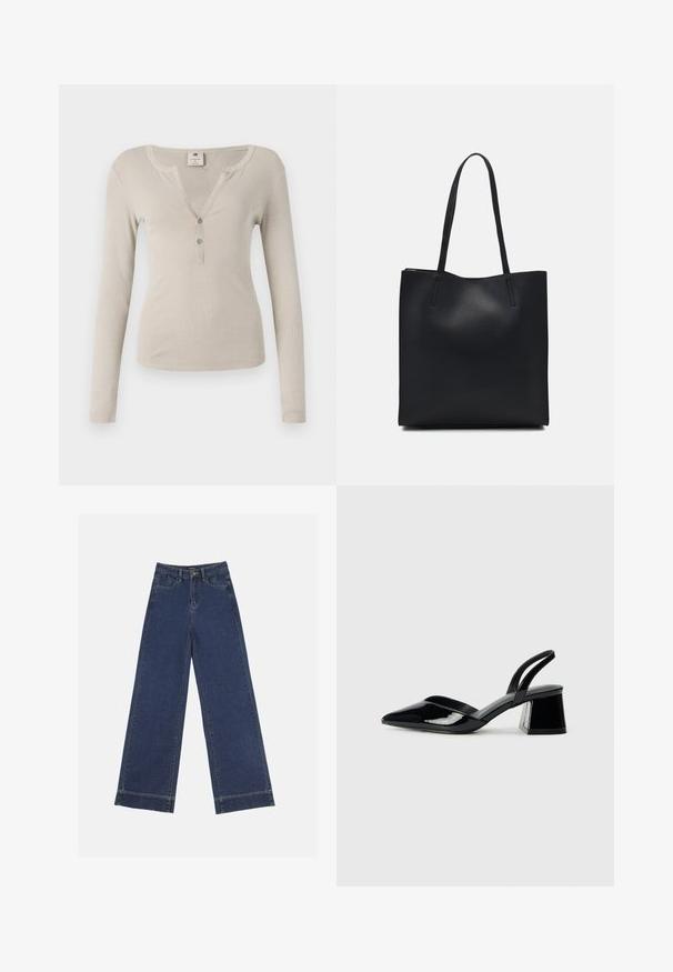Dlhe rukávy béžový vrch s ryhovanou textúrou, V-čkovým výstrihom a tromi gombíkmi na uzavretie vpredu. Jednoduchý, priliehavý dizajn.; Džínsy s širokými nohavicami v tmavomodrom denime. Majú päť vreciek, pútka na opasok a surový spodný lem s viditeľnými švy.; Čierne lakované kožené sandálové podpätky s špicatou špičkou a geometrickým blokovým podpätkom. Disponujú elegantným, minimalistickým dizajnom a hladkým povrchom.; Čierna kožená taška na rameno s hladkým povrchom, obdĺžnikovým tvarom a dvoma dlhými uchami. Bez viditeľného kovania alebo ozdôb.