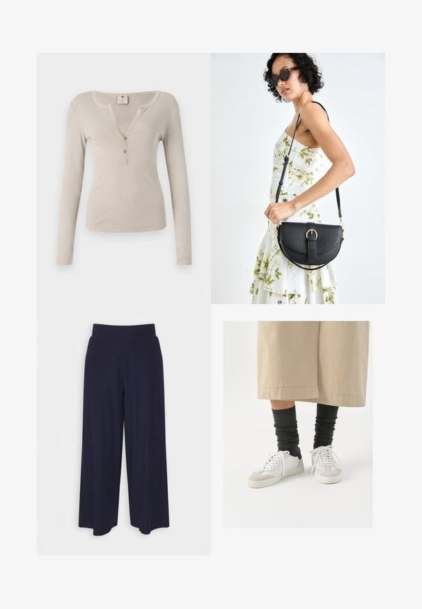 Bež majica dugih rukava s rebrastom teksturom, V-izrezom i s tri gumba sprijeda. Jednostavan, prilagođen dizajn.; Hlače širokih nogavica od tamnoplavog materijala s reljefnom teksturom. Imaju glatki pojas i lepršavi siluet, dosežu do sredine potkoljenice.; Bijele i sive tenisice s crnim naglaskom na peti, s glatkim kožnim gornjim dijelom i strukturiranim antilopom na prstima. Nosit će se s tamnosivim, labavim čarapama.; Crna kožna torba s lukovitim oblikom, odvojivim remenom i zlatnim detaljima. Torba ima preklop s kopčom.