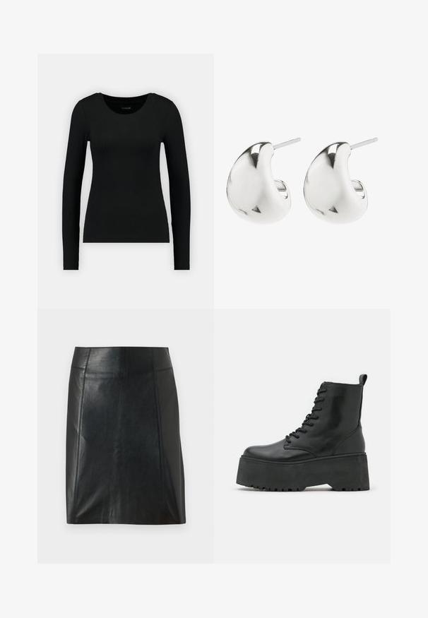 Črna majica z dolgimi rokavi, izdelana iz rebraste tkanine. Ima okroglo izrezovanje in prilegajoč silhueto. Preprost dizajn brez vzorcev ali dekorativnih elementov.; Črna usnjena krilo s prilegajočo zasnovo. Gladka tekstura, šivi, ki obdajajo obliko, in ravna obroba. Minimalističen in eleganten videz.; Črne gležnjarje na debelih podplatih, izdelane iz gladkega usnja, s vezalnim dizajnom in zanka za pomoč pri obuvanju na hrbtni strani.; Srebrne uhane s studom z gladkim, ukrivljenim dizajnom. Imajo polirano površino in zaponko za varno nošenje.