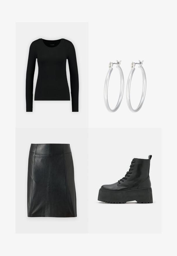 Musta pitkähihais shirt ribbed-kankaasta. Ominaisuudet: pyöreä pääntie ja istuva siluetti. Yksinkertainen muotoilu ilman kuvioita tai korostuksia.; Musta nahkahame, jossa on mukautuva muotoilu. Silkkinen pinta, saumat korostamassa muotoa ja suora helma. Minimalistinen ja tyylikäs ulkoasu.; Mustat nilkkurit paksulla pohjalla, valmistettu sileästä nahasta, jossa on nauhakiinnitys ja vetotuki takana.; Hope-silver rengas, joissa on sileä ja kiillotettu pinta. Pyöreä muoto ja turvallinen napsautettava lukitus. Kevyt muotoilu sopii päivittäiseen käyttöön.