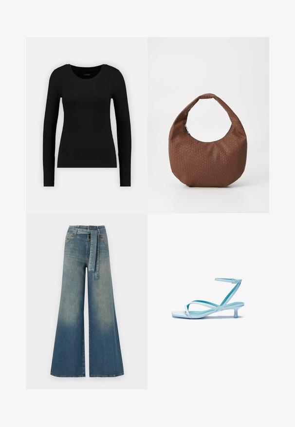 Cămașă neagră cu mâneci lungi, fabricată dintr-un material ribat. Dispune de un guler rotund și o siluetă ajustată. Design simplu, fără modele sau accente.; Pantaloni din denim largi, cu un gradient de la albastru deschis la albastru închis, talie înaltă, bucle pentru curea și o curea din același material. Finisaj texturat din denim.; Sandal cu barete subțiri de culoare albastru deschis, cu vârf pătrat, toc jos, curea de gleznă ajustabilă și finisaj neted, lucios. Barete încrucișate pe talpa interioară.; Geantă din fibră de culoare maronie, cu o formă rotundă, având un singur mânere căptușit și o suprafață texturată. Fără accesorii sau elemente de metal vizibile.