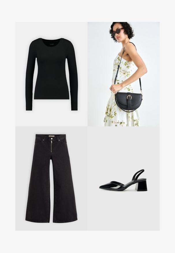 Black long-sleeve shirt made of ribbed fabric. Features a round neckline and fitted silhouette. Simple design without patterns or accents.; Wide-leg jeans in black denim with a zippered front, five-pocket design, and subtle stitching details. Smooth texture and casual style.; Black patent leather slingback heels with a pointed toe and a geometric block heel. Features a sleek, minimal design and smooth texture.; Black leather handbag with a curved shape, detachable strap, and gold hardware. The bag features a flap with a buckle detail.