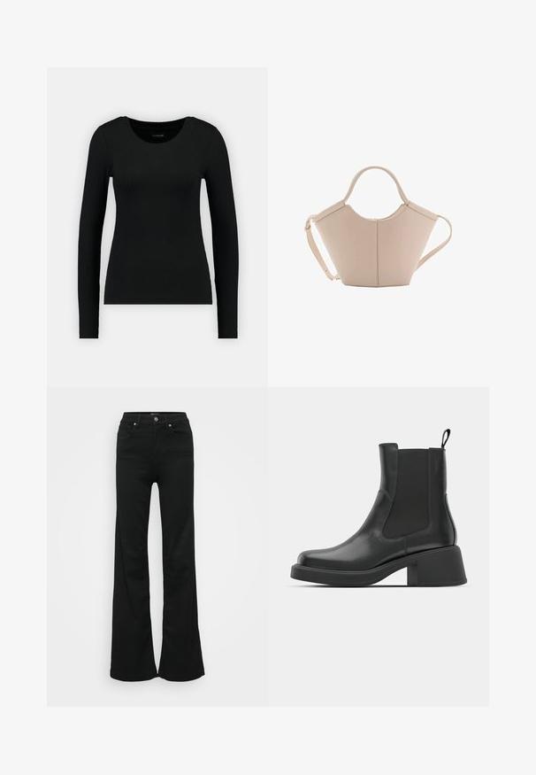 Svart långärmad tröja i ribbad tyg. Har rund halsringning och figursydd silhuett. Enkel design utan mönster eller detaljer.; Svarta utsvängda jeans i denim, med hög midja, fem fickor och metallknappstängning. Slät textur med minimal detaljering.; Svarta läderankelstövlar med elastiska sidopaneler, rund tå och en kraftig klack. Slät textur med en minimalistisk design.; Beige läderhandväska med en unik form, med två korta handtag och ett långt justerbart axelband. Slät textur med minimal hårdvara.