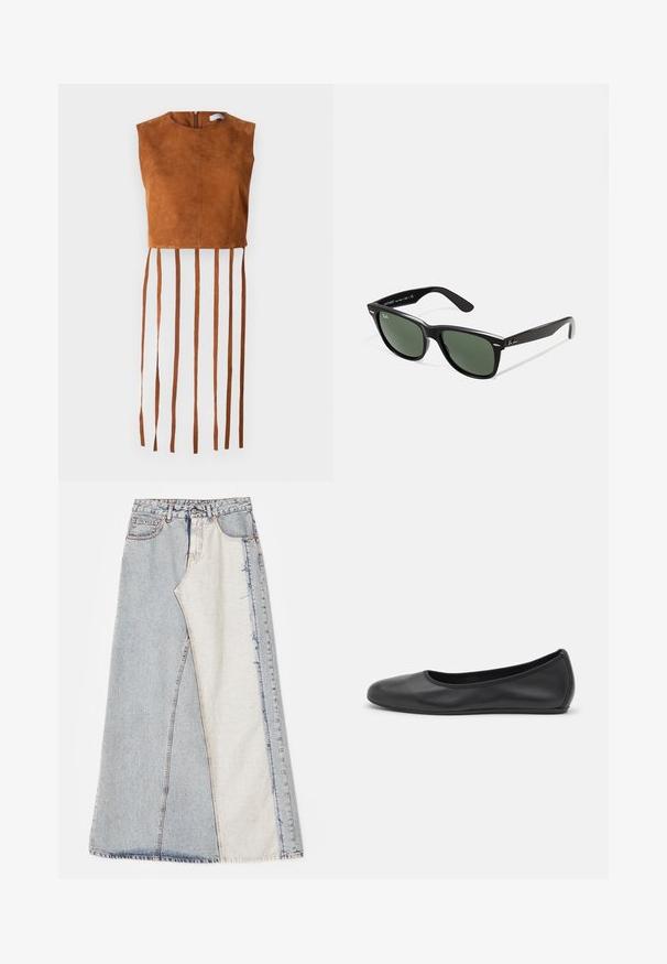 Pruun suede lühike topp ümmarguse kaelusega ja selja ketiga, mille hemil on pikad vertikaalsed frantsiidid.; Denim seelik, millel on patšitud disain, kus on heledad ja keskmise sinise tooni sektsioonid, rebenenud servad ja kõrge vöökoht. Klassikaline viie taskuga stiil.; Musthave mustika tantsutossud mustast nahast, ümmarguse varbaga, siledast tekstuurist, minimaalse õmblusdetailiga ja paindliku tallakujundusega.; Mustad mustan plastiku prillid roheliste läätsedega, ruudukujulised raamid, hõbedane aksent kulmude peal ja tekstuuriga tempelkäed. Brändi nimi on märgitud sisevarrele.