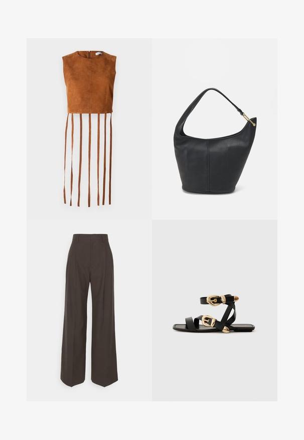 Pruun suede lühike topp ümmarguse kaelusega ja selja ketiga, mille hemil on pikad vertikaalsed frantsiidid.; Tumepruunid lai jalad püksid kõrge vöökohaga, millel on korralikult pressitud kortsud, sile tekstuur ja täpselt sobiv lõige.; Mustad nahast sandaalid kuldsete pandlitega, millel on mitmed rihmad ja lame talladisain avatud varba jaoks.; Musthave musta nahast käekott ümarate servadega, laia rihmaga ja tekstureeritud pinnaga. Omab peenelt õmblust detailina ning kullatooni aksessuaare.