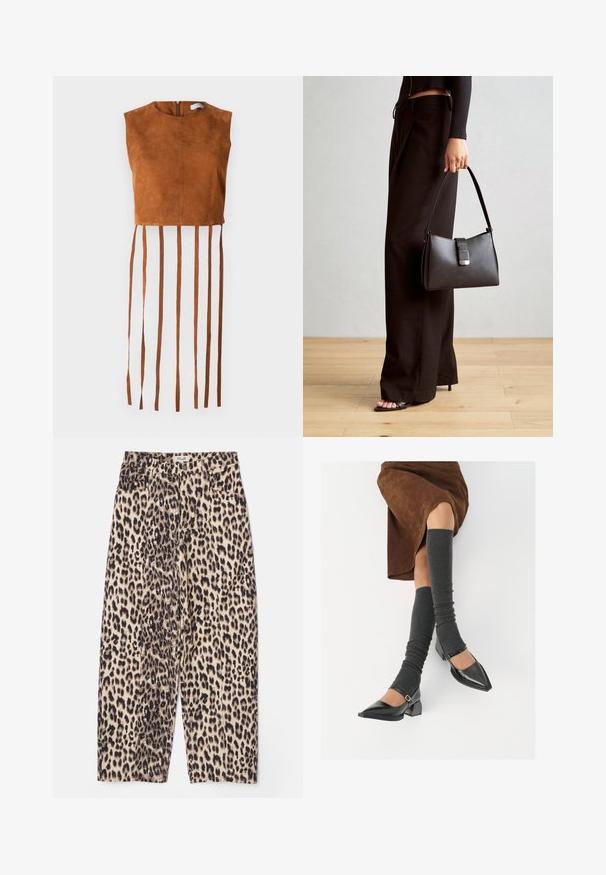 Brun semsket crop-top med rund hals og glidelås bak, med lange, vertikale frynser langs kanten.; Bukser med leopardprint i beige og sort, med afslappet pasform, struktureret stof og fire lommer med taljebånd.; Sorte lakkpumps med spiss tå, blokkhel, og ankelstropp, kombinert med grå ribbestrikkede beinvarmere og et brunt semsket skinn skjørt.; Svart håndveske med strukturert form, jevn tekstur og metallisk lås. Kombinert med brede svarte bukser og sandaler med åpen tå på tregulv.