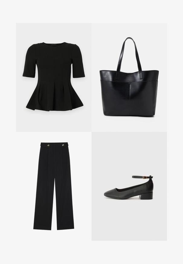 Top peplum scurt, negru, cu mânecă scurtă și guler rotund, având detalii cu cusături verticale, prezentat pe un fundal alb.; Pantaloni negri cu picioare largi, talie înaltă, detalii cu butoane pe talie și pliseuri în față.; Pantof cu toc negru din piele, cu vârf ascuțit și toc mic pătrat. Dispune de o curea la gleznă cu o cataramă în tonuri de aur. Textură netedă.; Geantă oversized din piele neagră, cu două mânere lungi, de textură netedă și formă structurată. Are un buzunar frontal pentru stocare suplimentară.