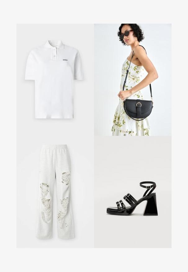 Hvid polo skjorte lavet af bomuld, med klassisk krave, tre knapper og et lille sort logo på venstre bryst. Korte ærmer.; Lys grå sweatpants med løs pasform, der har flere slidte punkter, blød tekstur og elastisk talje.; Sorte laklæder hæl sandaler med firkantet tå, multiple stropdesign, justerbar ankelrem og en chunky geometrisk hæl.; Sort læderhåndtaske med en buet form, aftagelig rem og guldfinish. Tasken har en klap med en spænde detalje.
