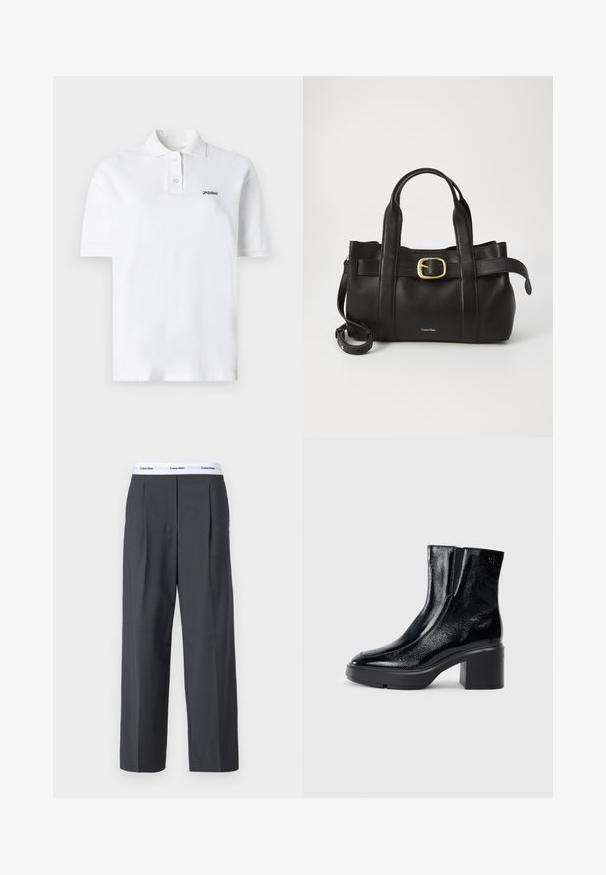 Vit polo t-shirt av bomull, med klassisk krage, tre knappar och en liten svart logotyp på vänster bröst. Korta ärmar.; Grå vida byxor i slätt tyg, med framfållar och en vit midja med Calvin Klein-logotyp.; Svarta lacklädersankelstövlar med rundad tå, elastiska sidopaneler och en chunky klack. Har en präglad logotyp på baksidan.; Svart läderhandväska med en strukturerad design, dubbla topphandtag, detaljer i guldton med spänne och präglad logotyp framtill.
