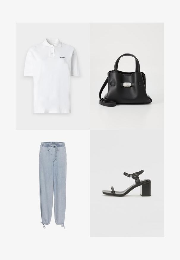Bílá polo košile vyrobená z bavlny, s klasickým límečkem, třemi knoflíky a malým černým logem na levé straně hrudníku. Krátké rukávy.; Světlé modré denimové kalhoty s elastickým pasem, stahovací šňůrkou a zúženými kotníky. Mají boční kapsy a hladkou texturu.; Černé kožené sandály na blokovém podpatku s širokým páskem přes prsty a nastavitelným popruhem kolem kotníku, vyznačující se elegantním, minimalistickým designem.; Černá kožená kabelka s texturovaným povrchem, vybavená dvěma horními uchy, odnímatelným ramenním popruhem a stříbrným detailem s uzávěrem.
