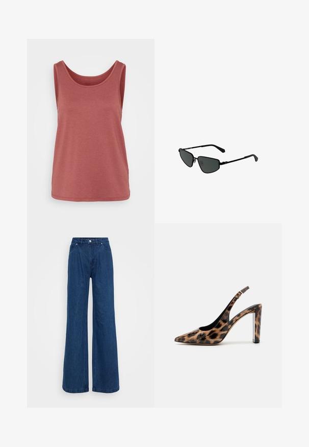 Rose-colored tank top made of soft cotton, featuring a round neckline, sleeveless design, and a slightly loose fit with a hemmed bottom.; Wide-leg blue denim jeans with a high waist, front button and zipper closure, and front and back pockets against a plain background.; Leopard print slingback pump with a pointed toe and transparent block heel. Made of glossy material with a smooth texture.; Black metal sunglasses with angular frames and dark lenses. Features thin, straight arms and nose pads for secure fit.