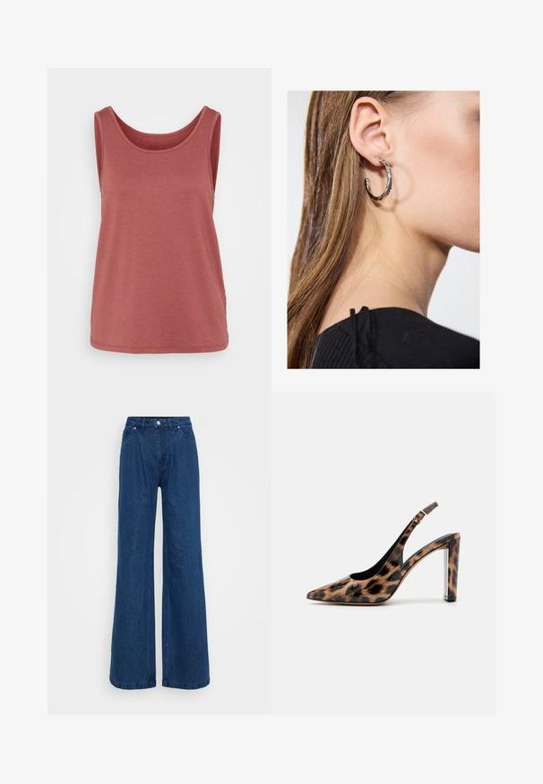 Canottiera rosa in cotone morbido, con scollatura rotonda, design senza maniche e una vestibilità leggermente ampia con orlo rifinito.; Jeans in denim blu a gamba larga con vita alta, chiusura frontale con bottone e zip, e tasche anteriori e posteriori su uno sfondo semplice.; Décolleté con stampa leopardata, dotato di cinturino alla caviglia e tacco a blocco trasparente. Realizzato in materiale lucido con una superficie morbida.; Orecchino a cerchio in argento con finitura lucida, caratterizzato da piccoli dettagli in oro e una forma tondeggiante, indossato sul lobo.
